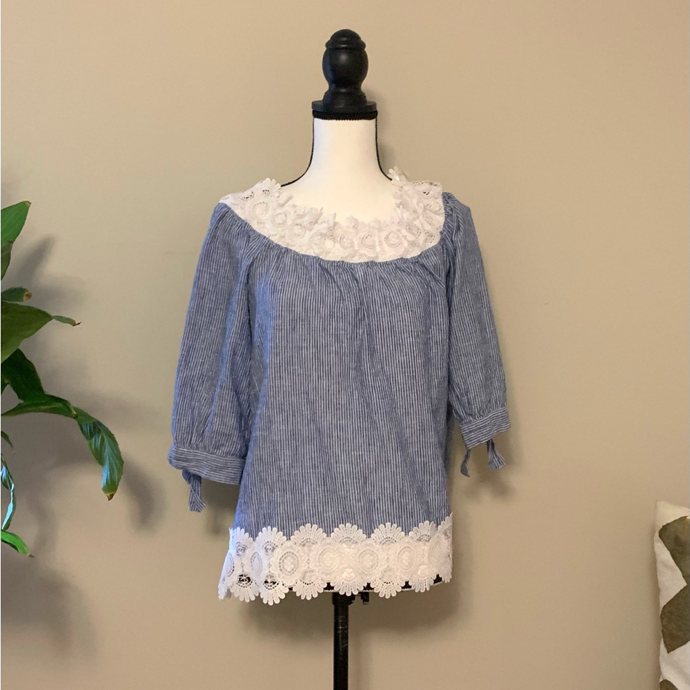 D O N A T E D 
Fever shirt Blue and White w lace oversized med EUC B63